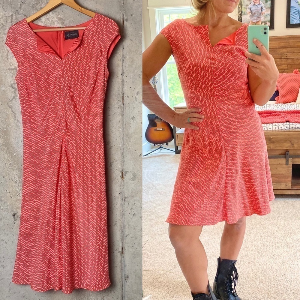 St. John coral pink white polka dot swing dress